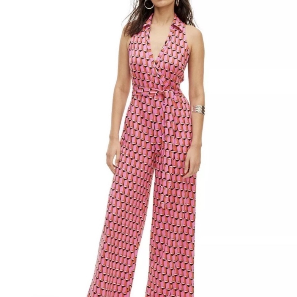 Diane Von Furstenberg DVF Target Pink Collared Modern Jumpsuit new